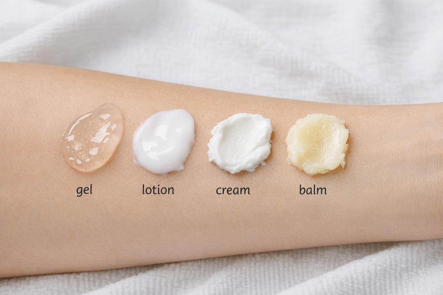 Different moisturizer textures (gel, lotion, cream, balm) swatched on a forearm.