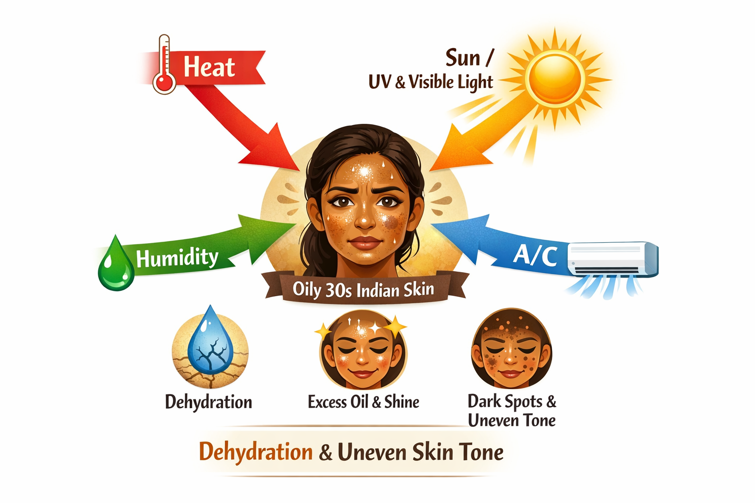 Infographic diagram showing how heat, humidity, AC, and UV/visible light affect oily 30s Indian skin, leading to both dehydration and uneven tone.