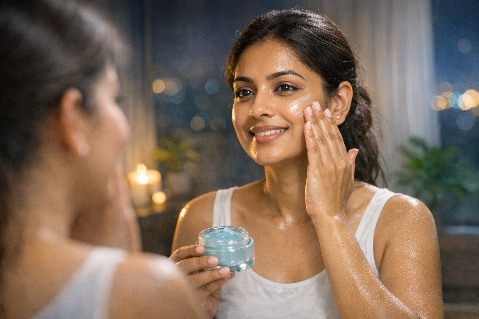 Indian woman applying lightweight gel night cream in front of a mirror at night