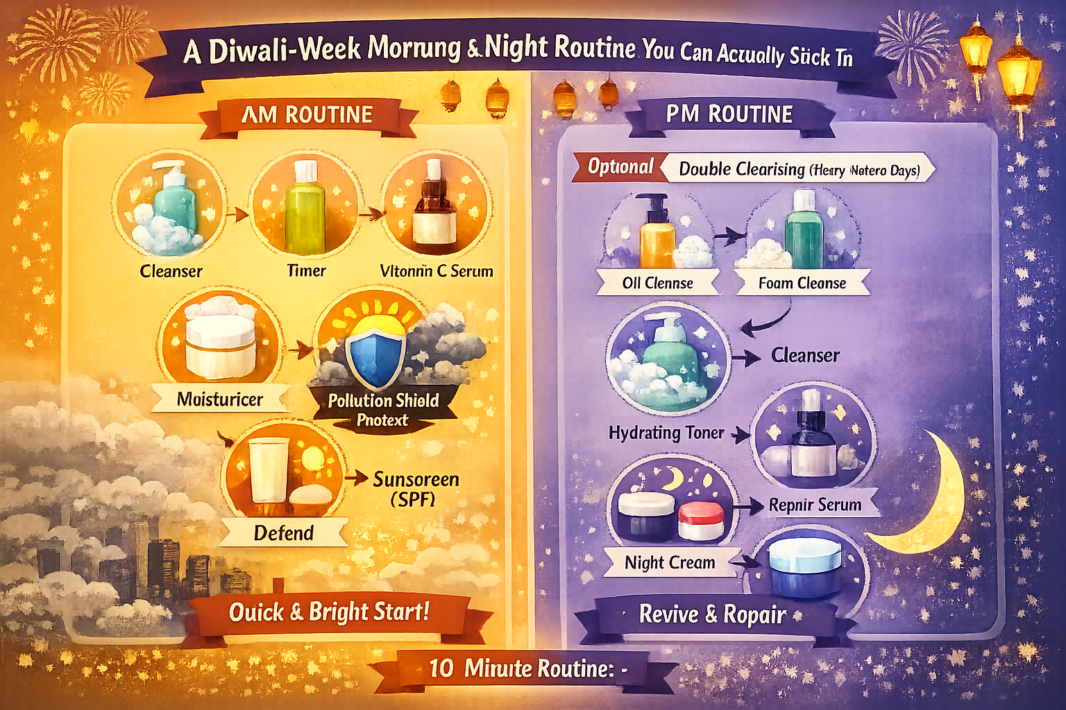 Infographic diagram of Diwali-week AM and PM skincare routine steps, showing pollution shield in the morning and repair steps at night.
