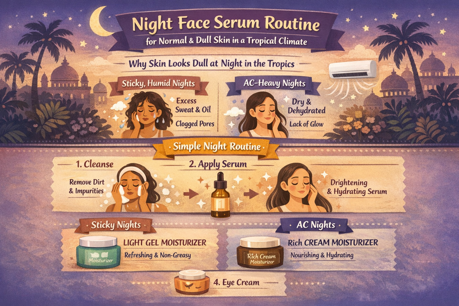 Infographic flow of a simple night face serum routine for normal, dull skin in a tropical Indian climate.