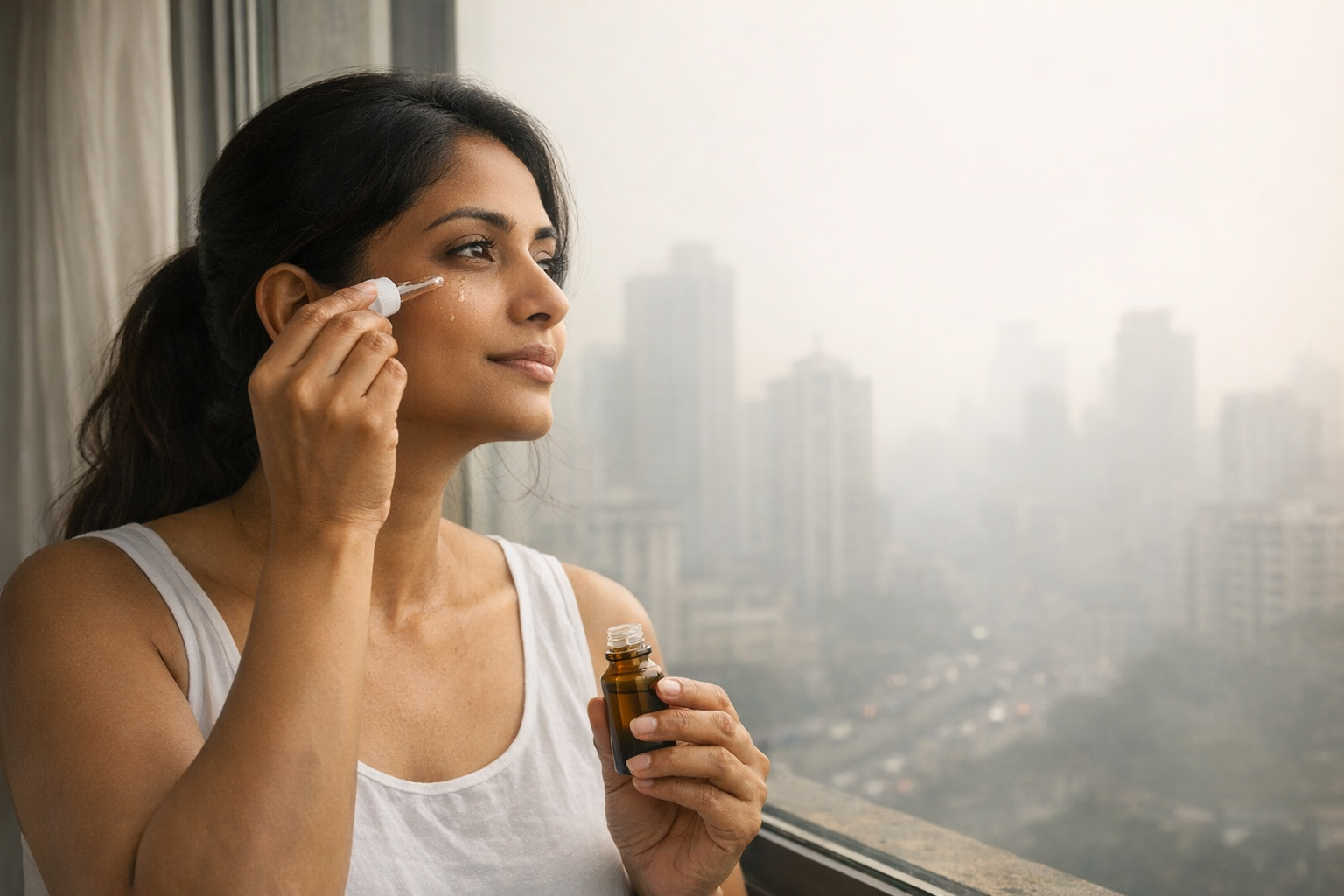 Indian woman applying face serum while looking out at a hazy, polluted city skyline.
