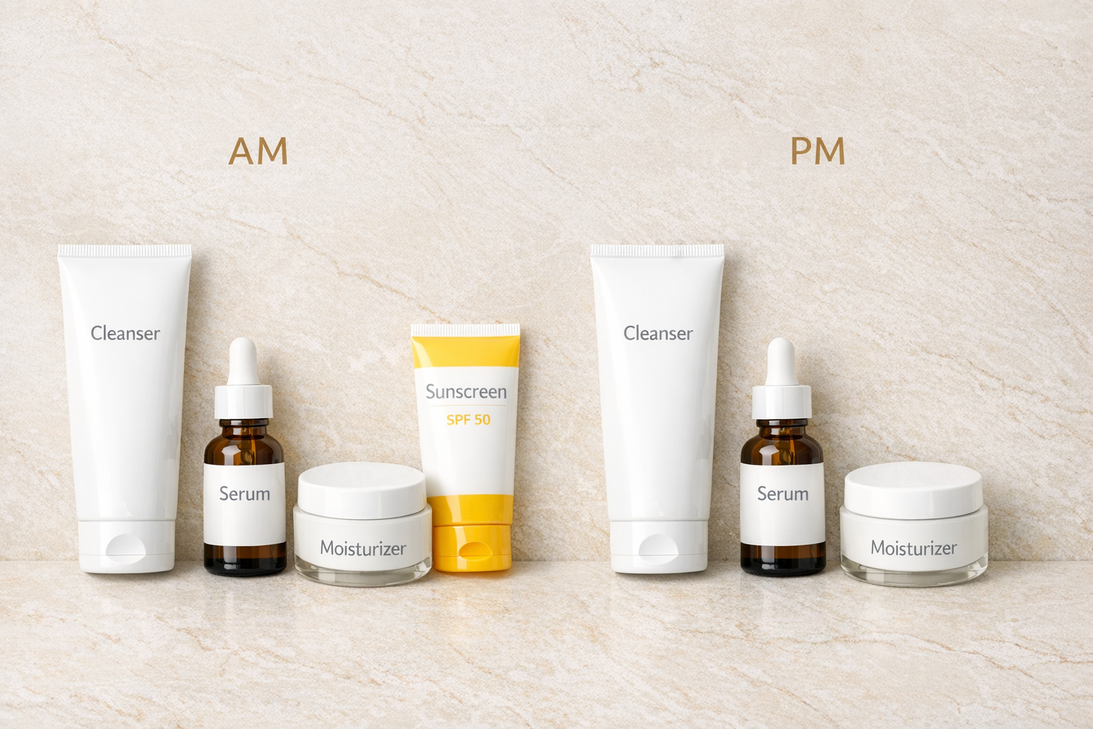 Minimal AM and PM skincare routine for Indian skin with cleanser, serum, moisturizer and sunscreen laid out on a counter.