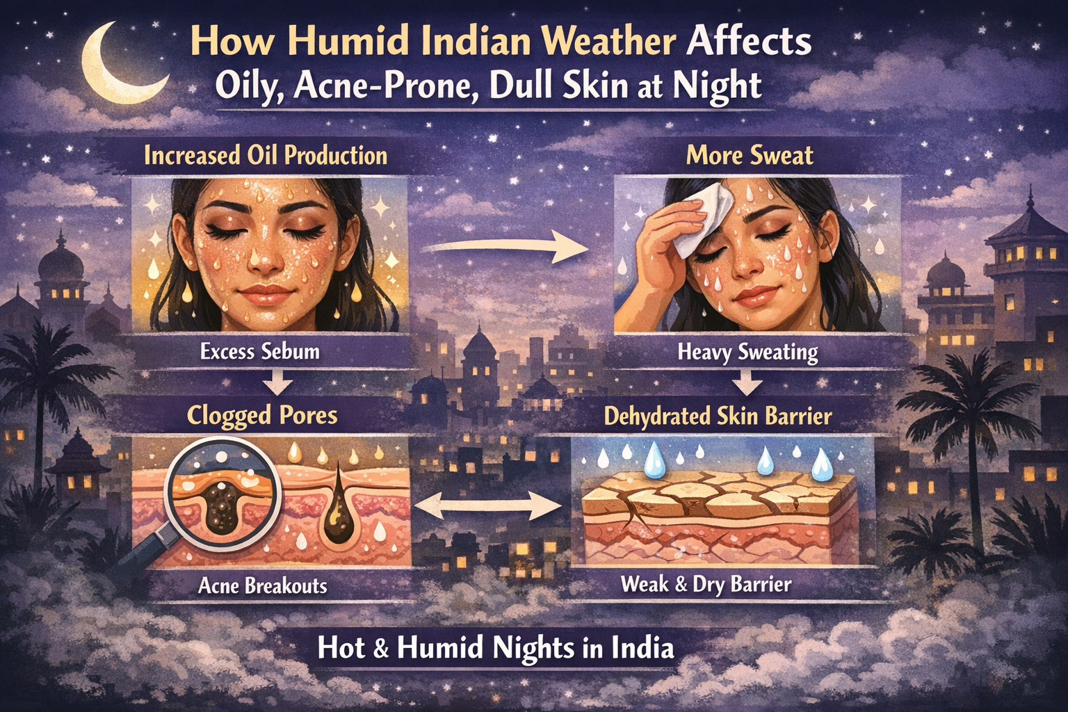 Infographic showing how humid Indian weather increases oil, sweat and clogged pores while also dehydrating the skin barrier at night.