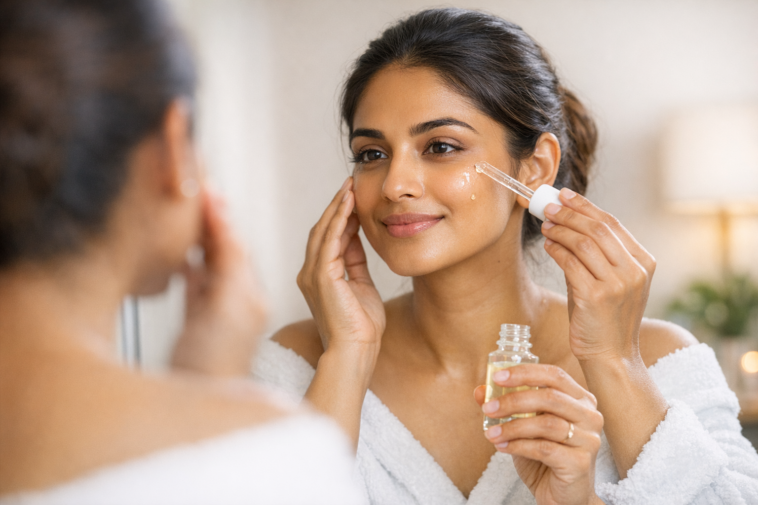 Indian woman applying a lightweight face serum before makeup in front of a mirror