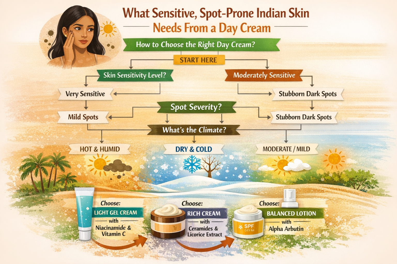 Infographic showing how to choose a gentle brightening day cream for sensitive, dark-spot-prone Indian skin.