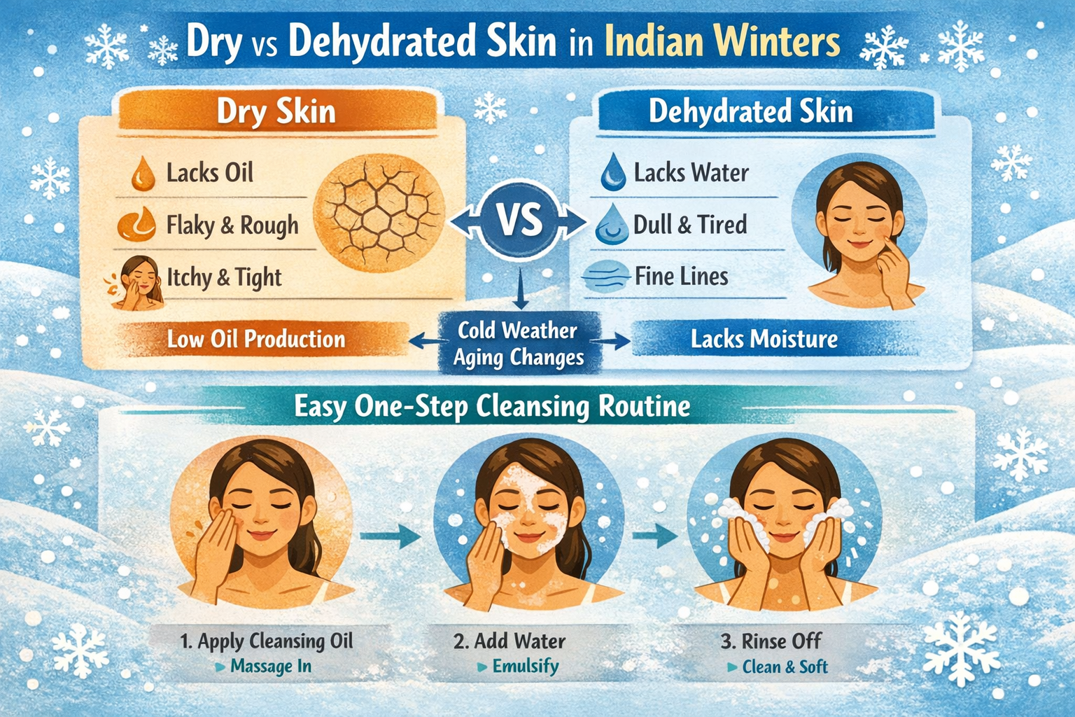 Infographic comparing dry vs dehydrated winter skin and a simple one-step oil-to-milk cleansing routine.