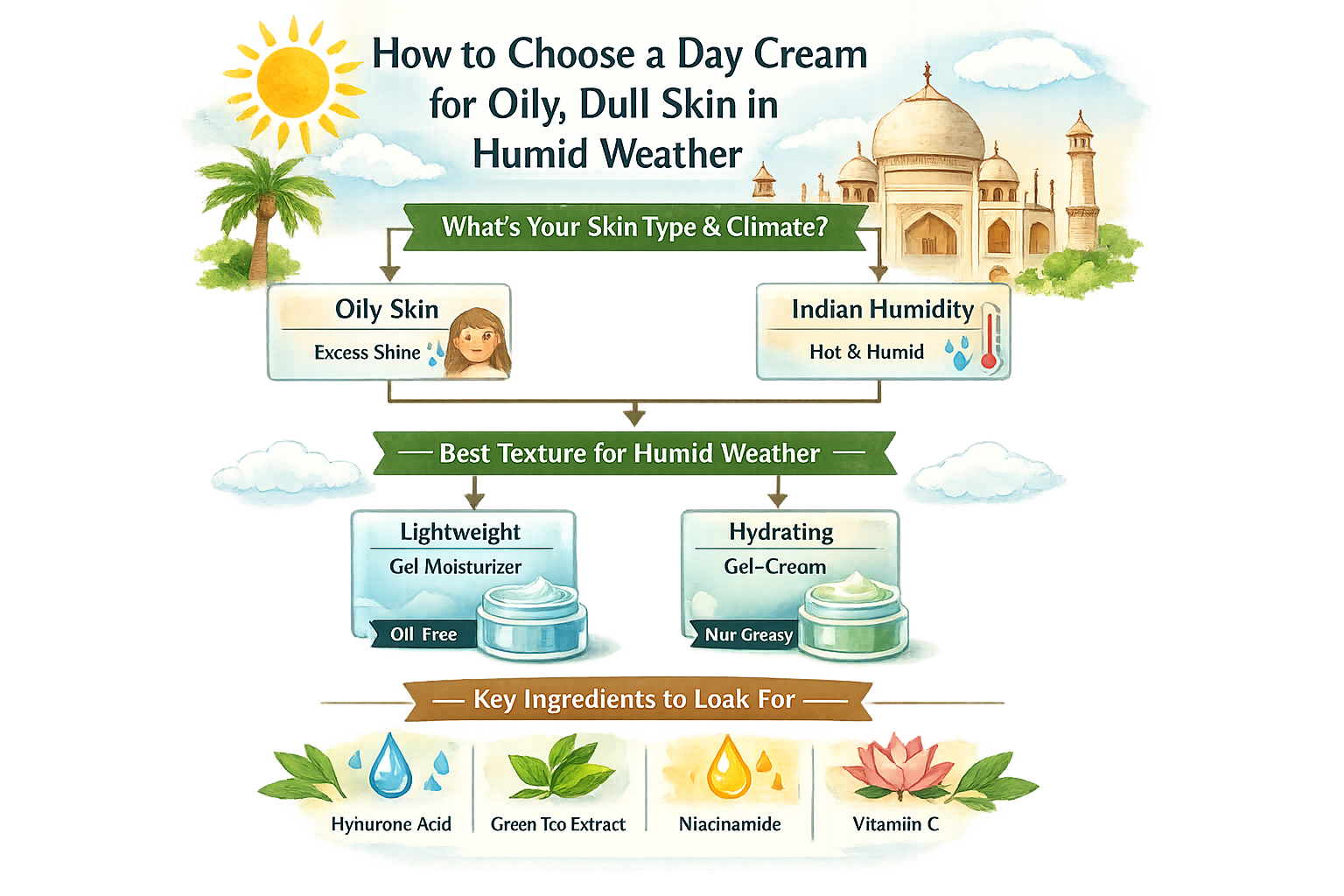 Infographic decision tree showing how to choose a day cream for oily, dull skin in humid Indian weather based on texture and ingredients.