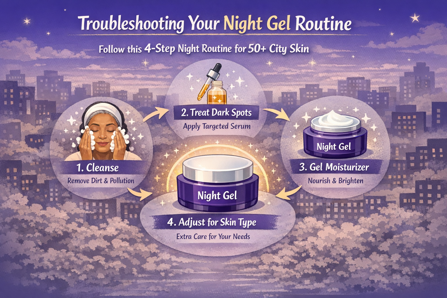 Infographic of a simple 4-step night routine for 50+ city skin showing cleanse, treatment, gel and adjust-for-skin-type steps.