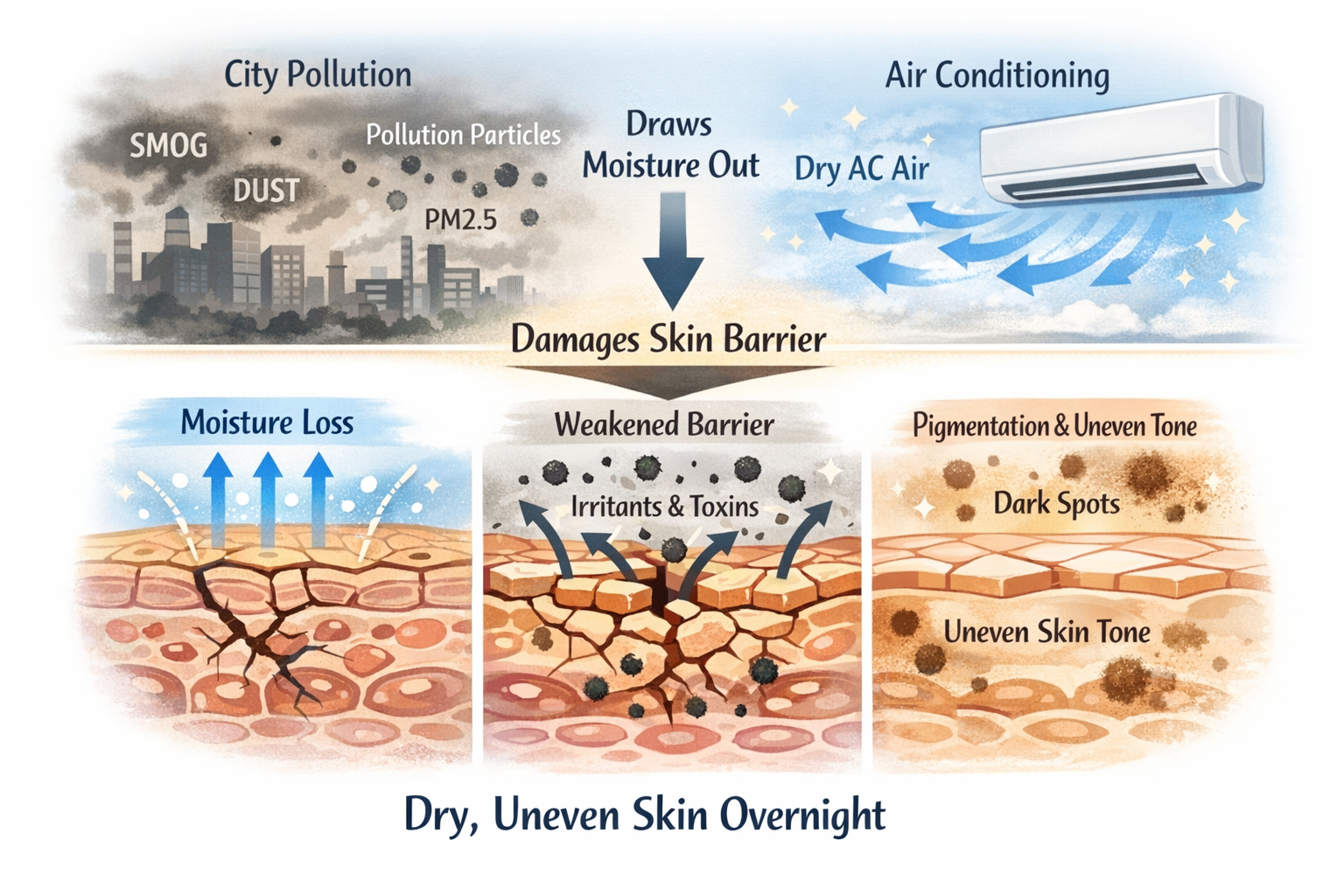 Infographic showing how city pollution and AC damage the skin barrier leading to dryness and uneven tone overnight