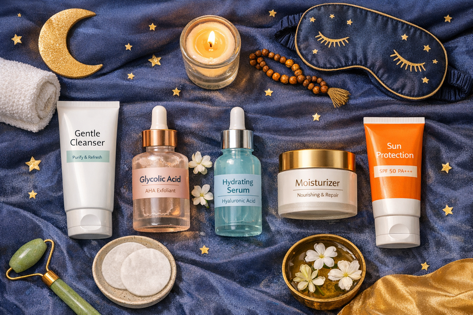 Flatlay of a night-time skincare routine with cleanser, glycolic acid, hydrating serum, moisturiser and sunscreen, styled for Indian consumers