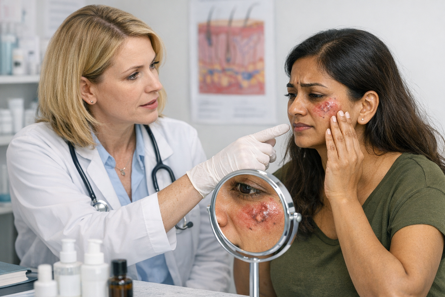 Dermatologist consulting an Indian woman about chemical peel side effects in a clinic setting