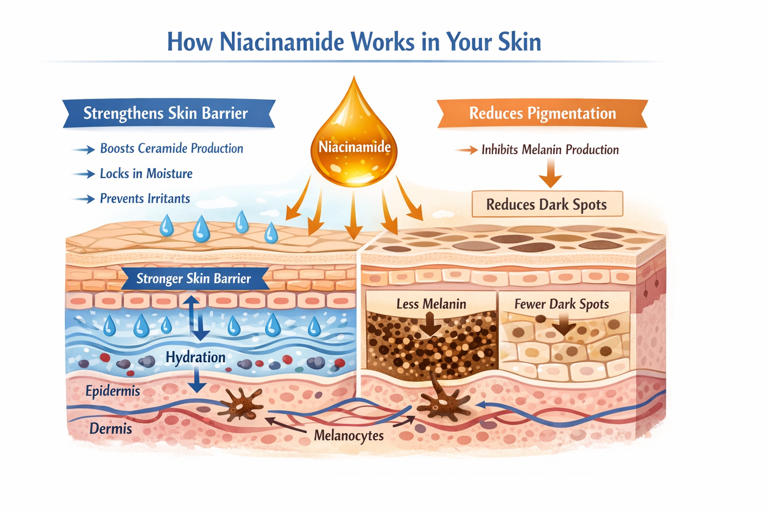 Illustration of skin layers showing how niacinamide strengthens the barrier and reduces pigmentation.