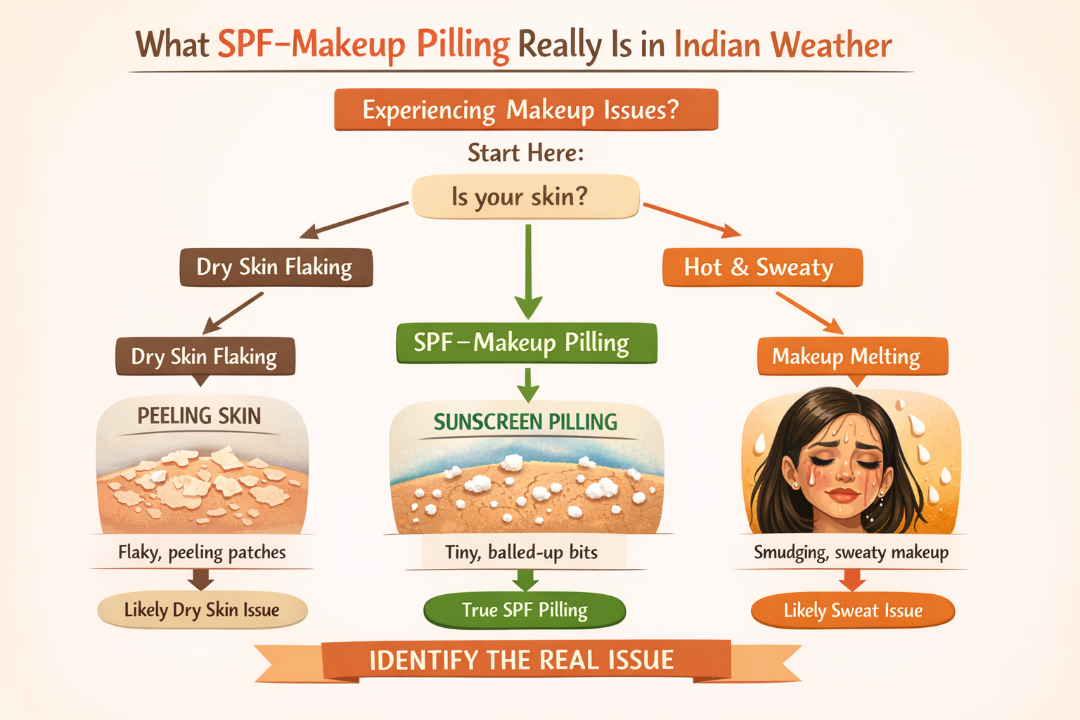Infographic showing difference between sunscreen pilling, dry skin flaking, and makeup melting in Indian heat and humidity