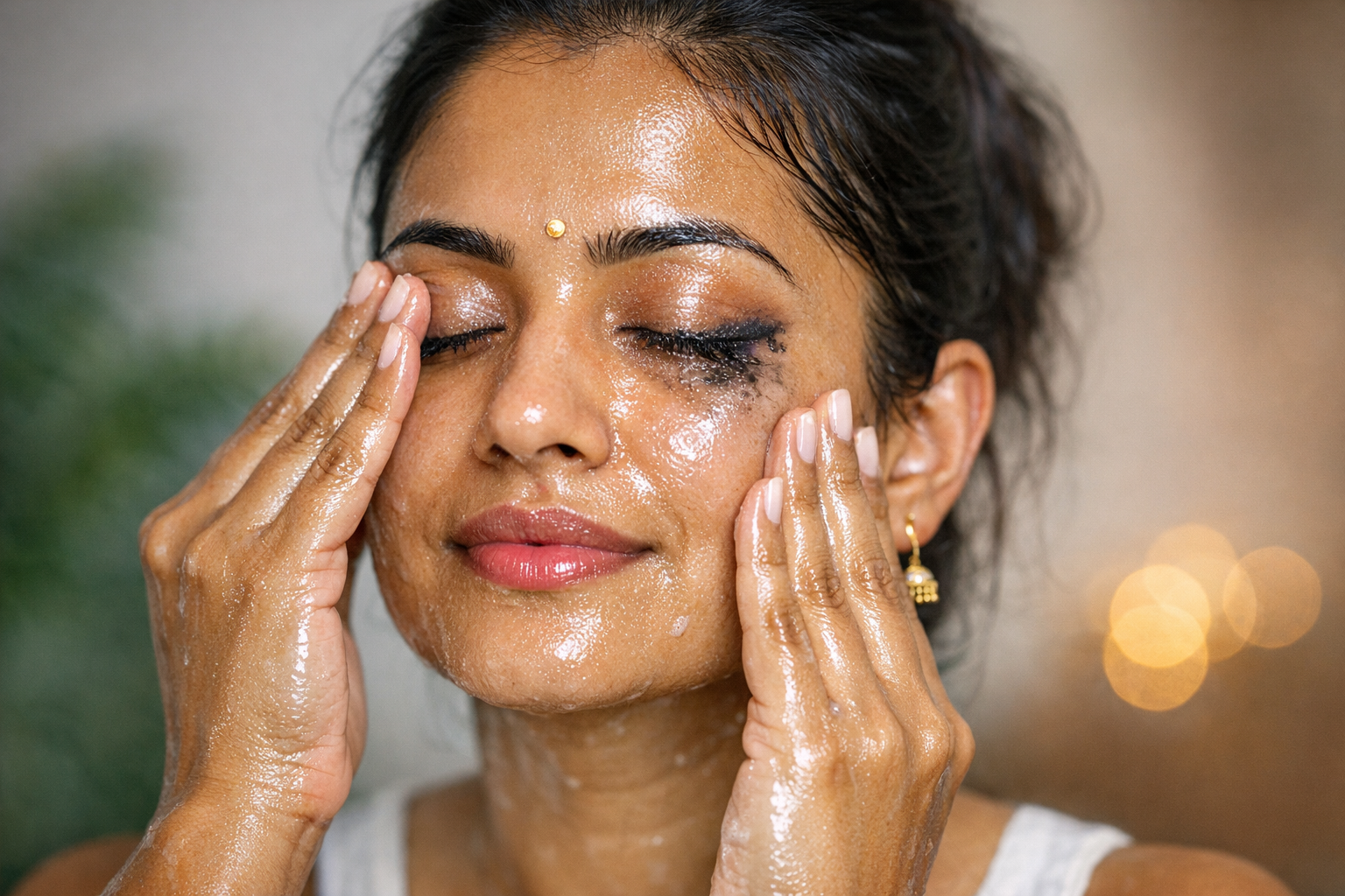 Woman in India massaging cleansing oil onto dry skin while removing makeup and sunscreen