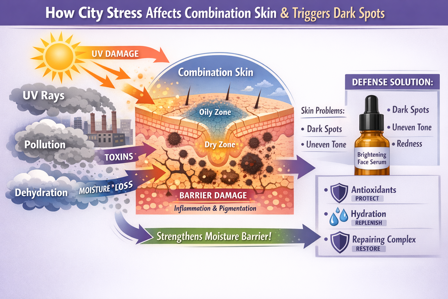 Infographic showing how UV, pollution and dehydration interact on combination skin to cause dark spots and how a barrier-supporting serum helps.