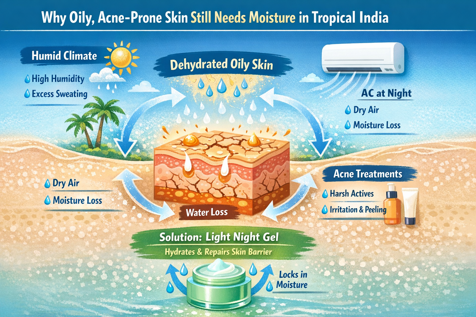 Infographic explaining how humidity, AC and acne treatments can dehydrate oily skin and damage the skin barrier at night.