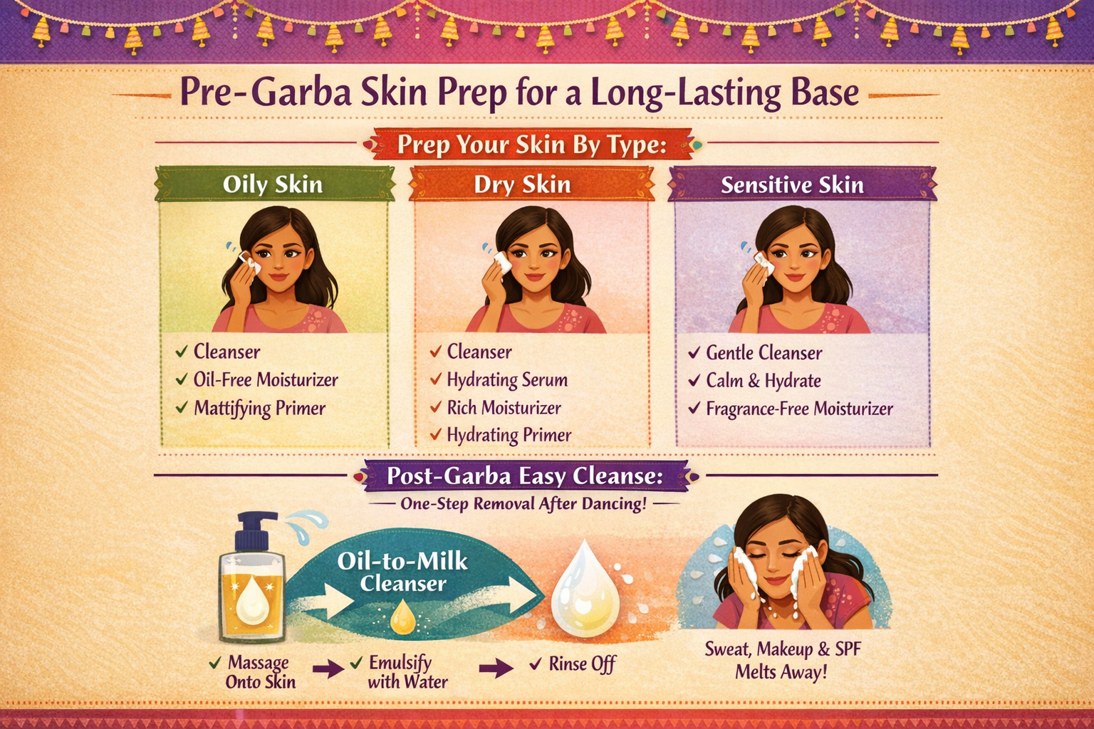 Infographic showing pre-Garba skin prep by skin type and a post-Garba one-step cleanse flow for Indian skin in humid weather.