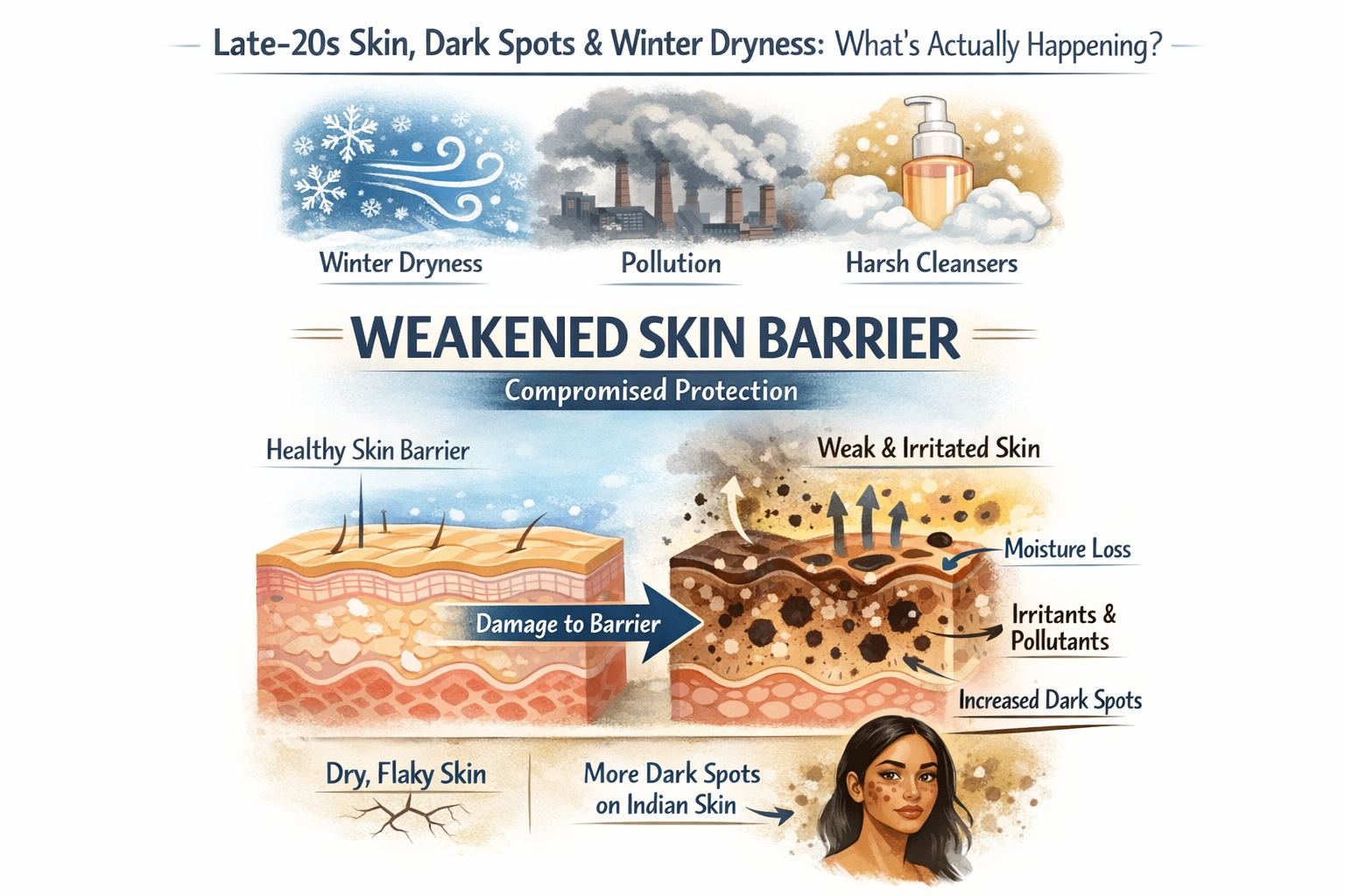 Infographic showing how winter dryness, pollution and harsh cleansers weaken the skin barrier and worsen dark spots on Indian skin.