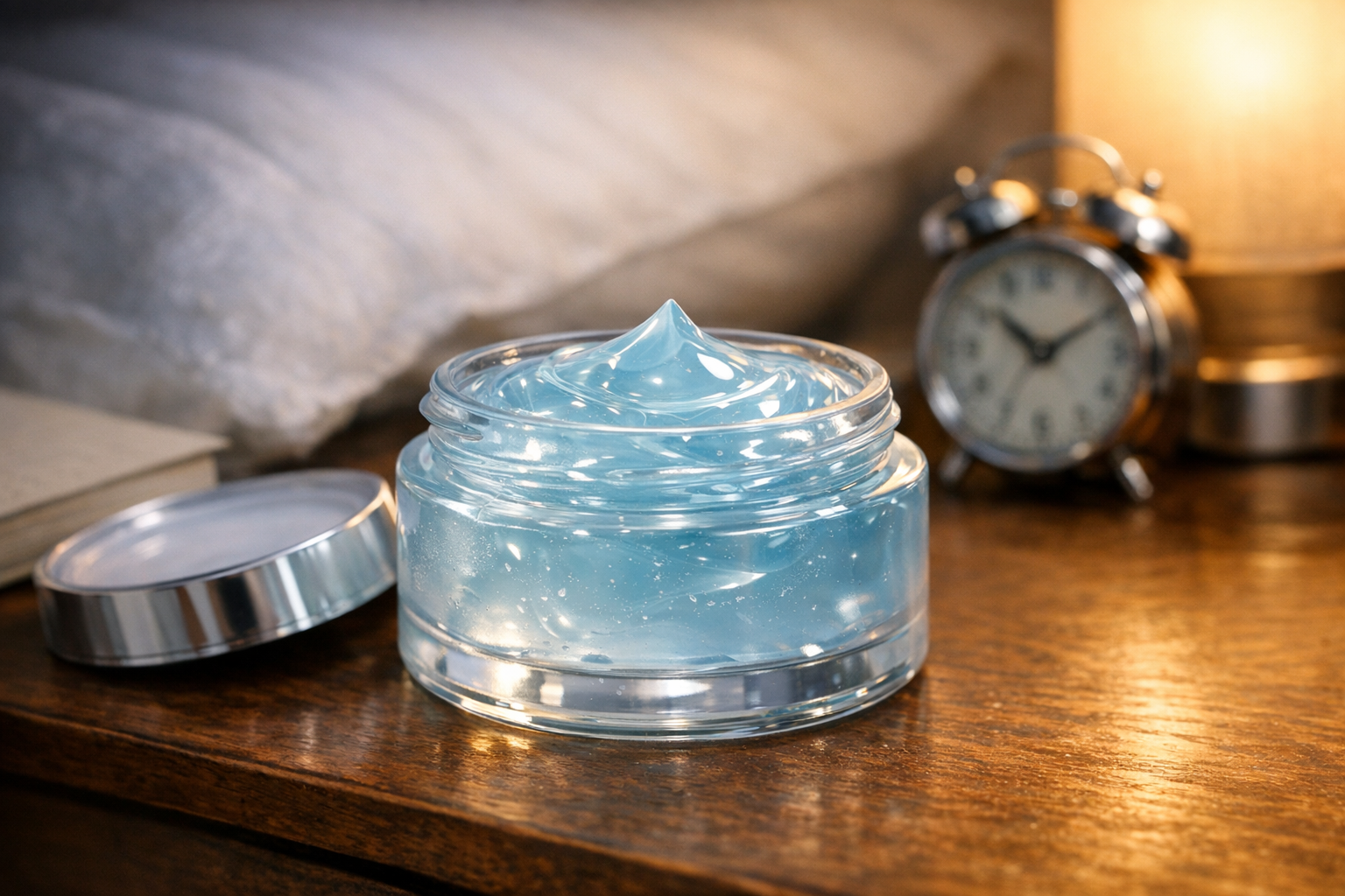 Open jar of a translucent night gel-cream on a bedside table