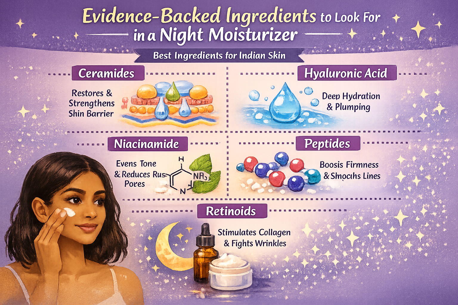 Infographic showing key night moisturizer ingredients like ceramides, hyaluronic acid, niacinamide, peptides and retinoids with their main benefits.