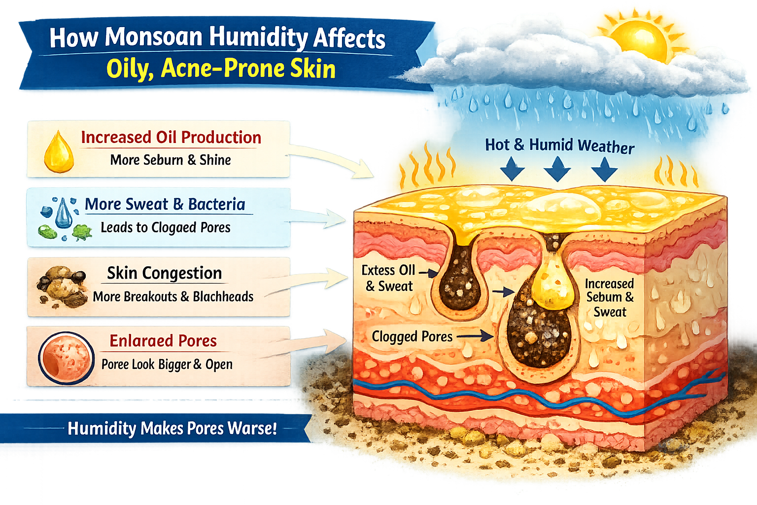 Infographic showing how monsoon heat and humidity increase oil, sweat, congestion and the look of open pores on oily, acne-prone skin.