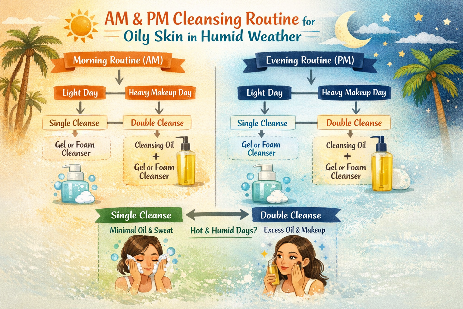 Infographic showing a simple AM and PM cleansing routine for oily skin in hot, humid Indian weather, with branches for light days and heavy makeup days.