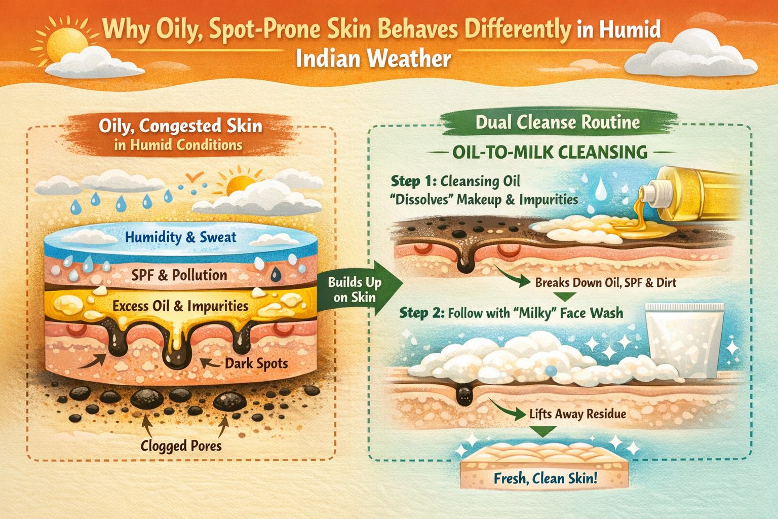 Infographic diagram showing how humidity, sweat, SPF and pollution layer on oily skin and how a dual oil-to-milk cleanser removes them gently.