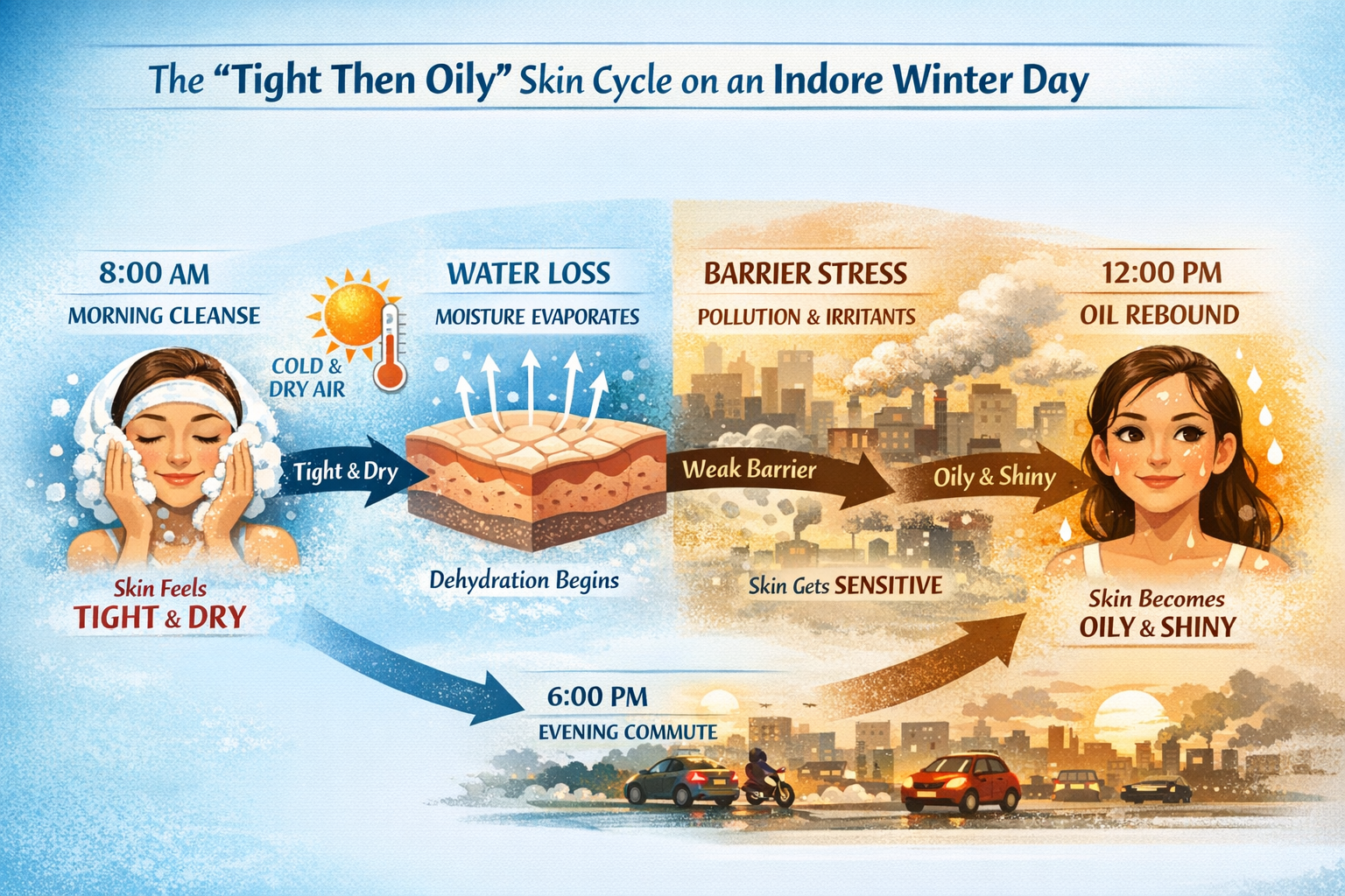 Infographic showing the 'tight then oily' skin cycle on an Indore winter day from morning cleanse to evening commute.