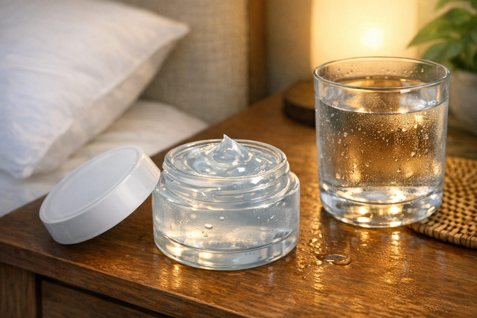 Open jar of clear gel night cream on a bedside table next to a glass of water.