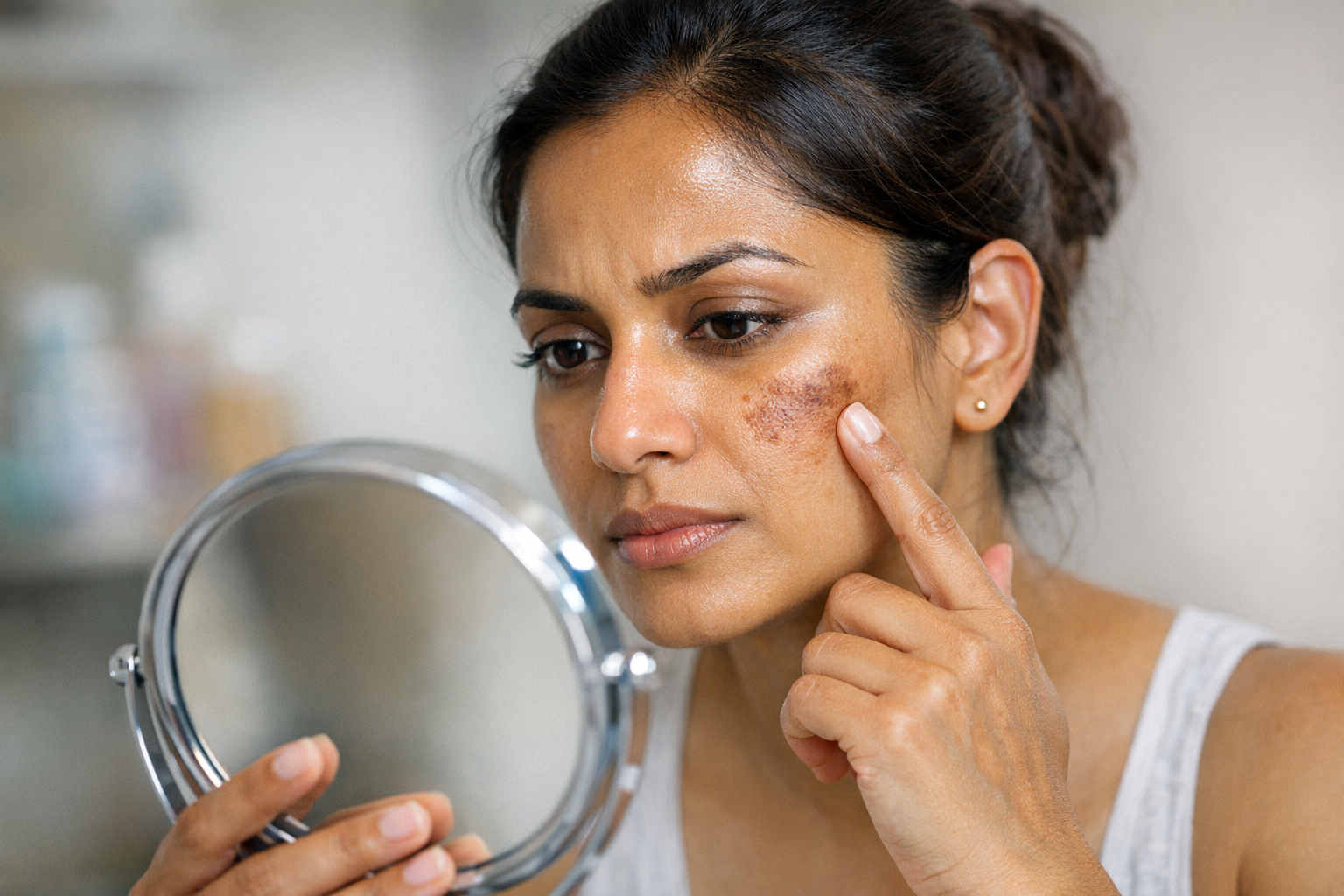 Indian woman with combination skin examining pigmentation spots on her cheeks in a mirror