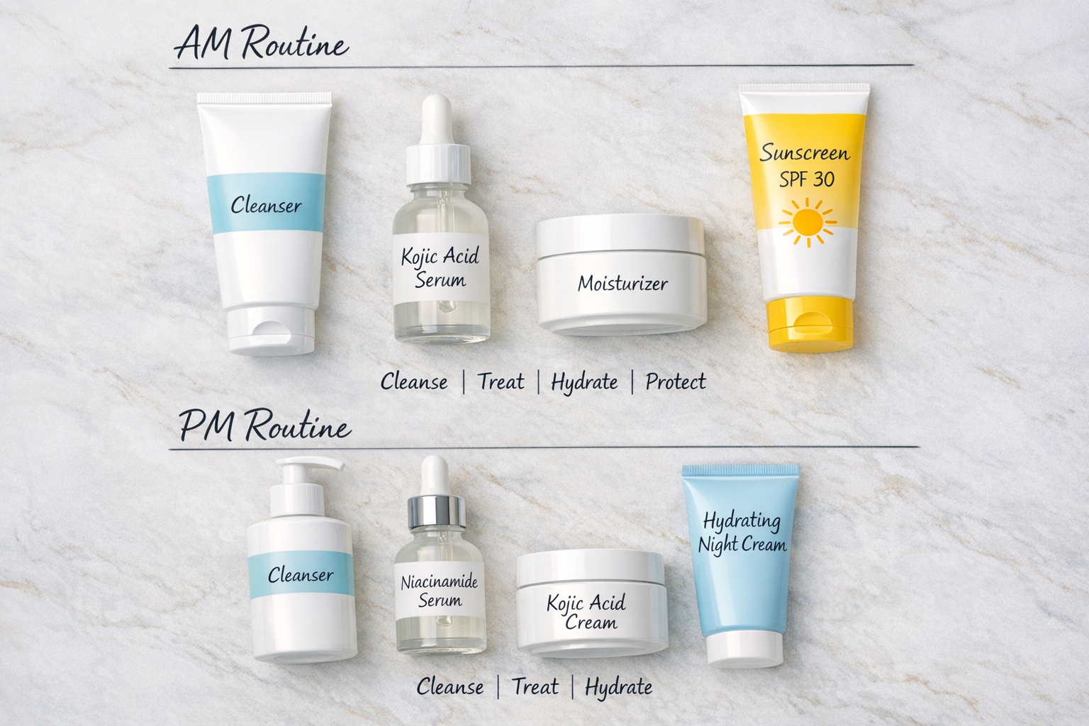Flatlay of simple AM and PM skincare products arranged as a routine for combination skin with pigmentation
