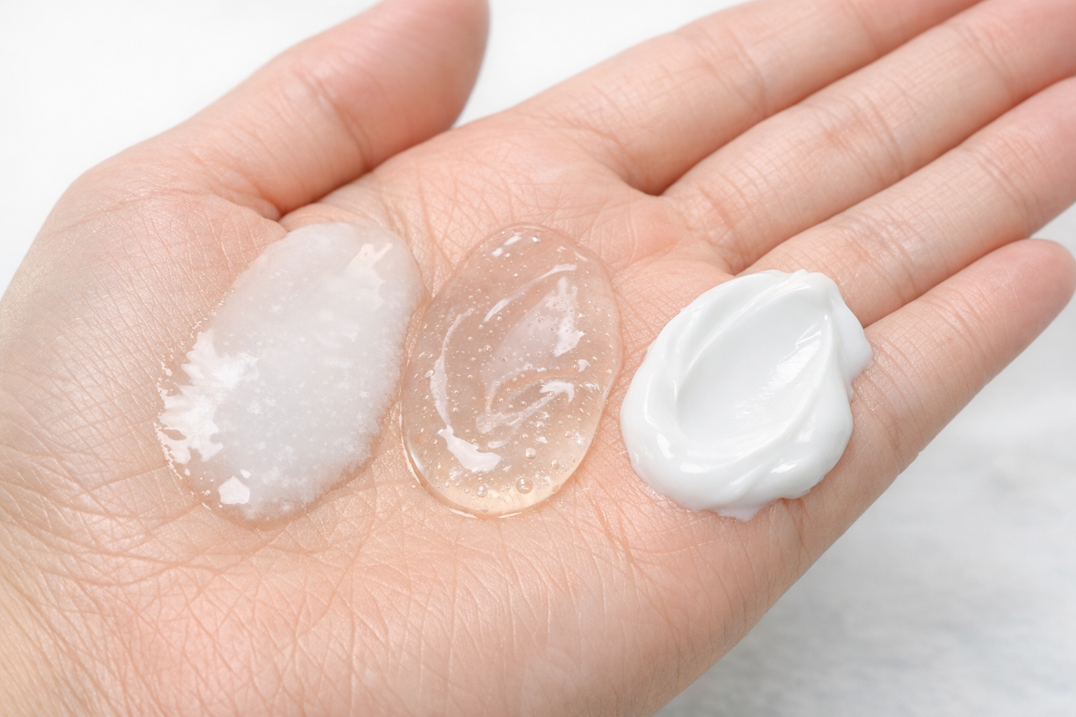 Close-up of different cleanser textures on a hand: gel, cream, and oil-to-milk, against a light background.
