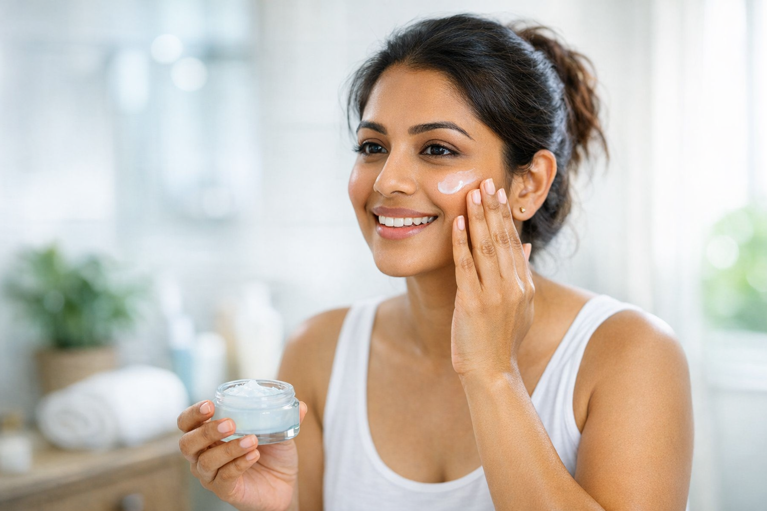 Indian woman applying a lightweight gel-cream moisturizer in a bright bathroom