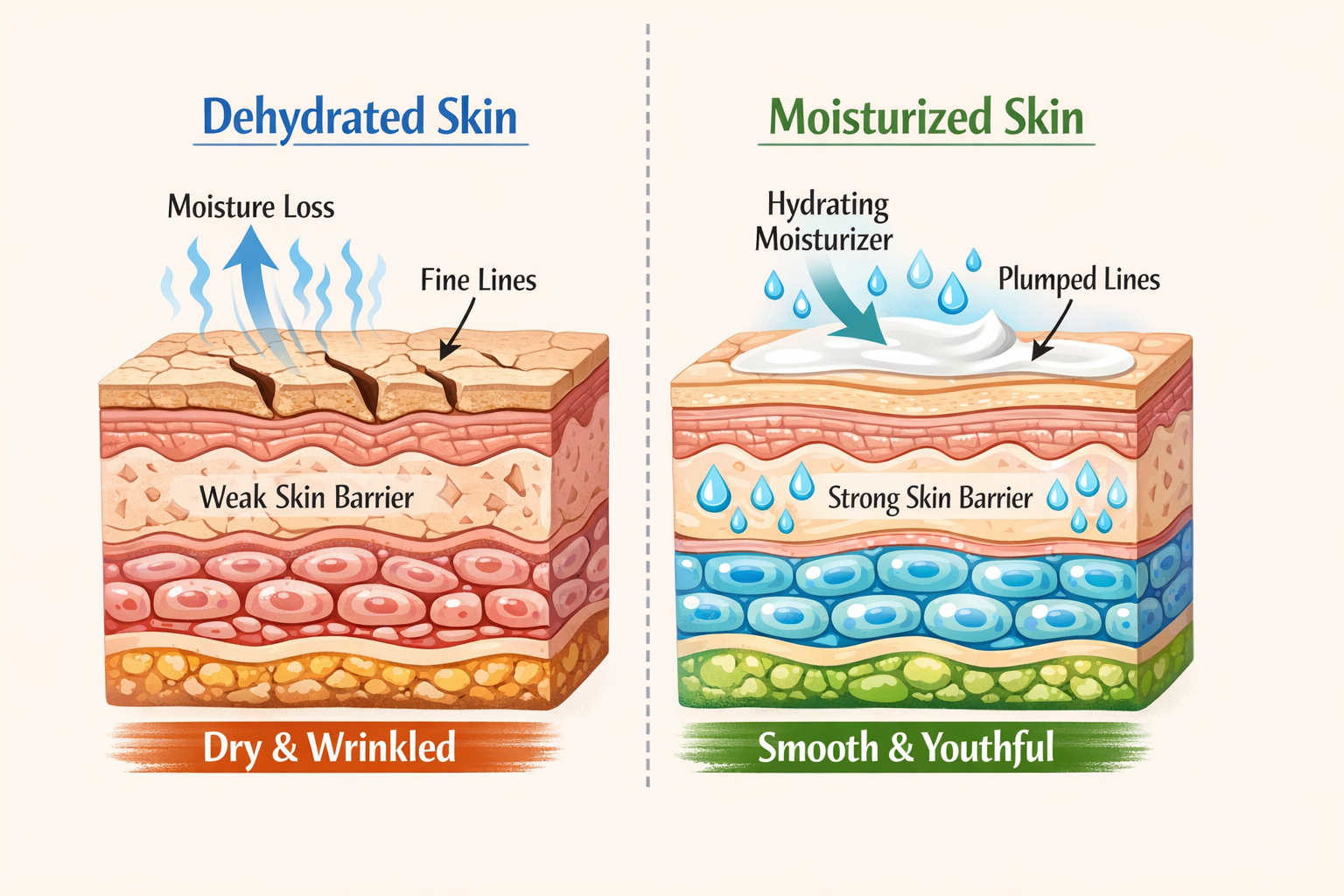 Illustration of skin layers showing moisture loss and how a moisturizer helps plump fine lines