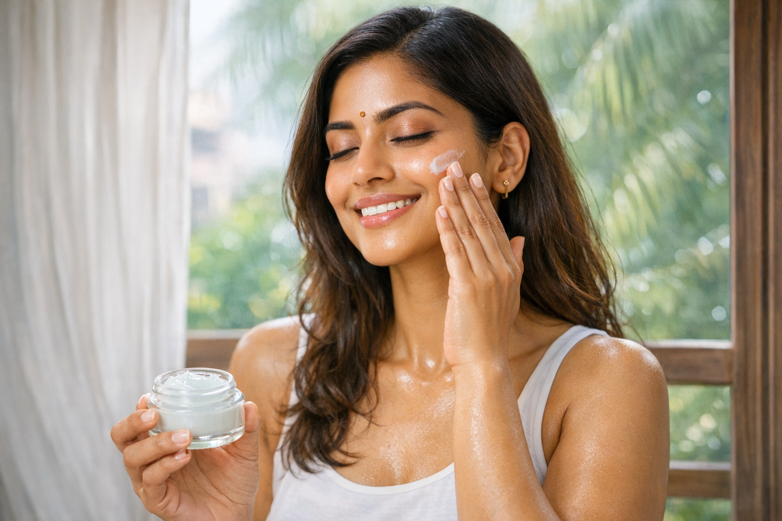 Indian woman applying a lightweight gel-cream moisturizer in front of a window on a humid day