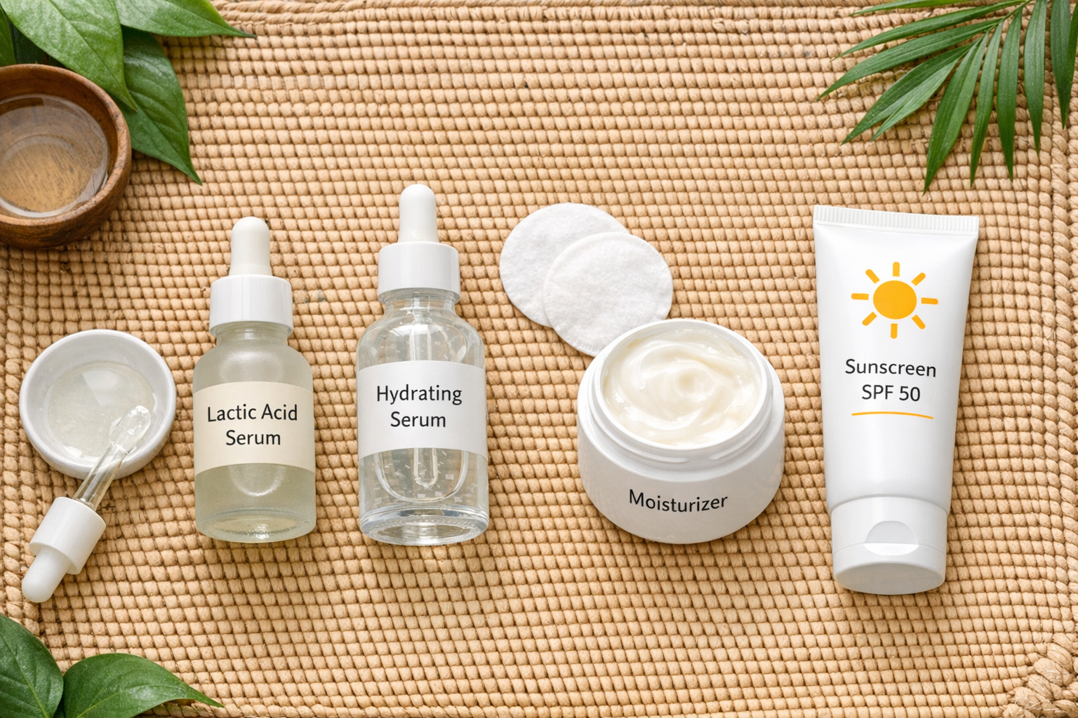 Flatlay of a simple skincare routine with lactic acid serum, hydrating serum, moisturizer, and sunscreen