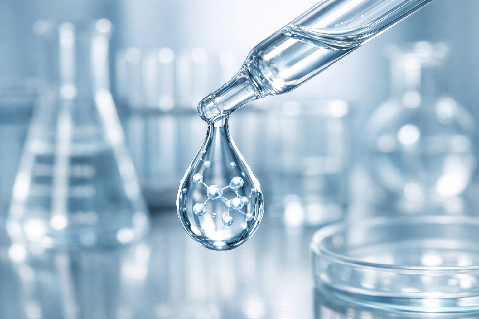 Close-up of a clear peptide serum droplet with lab glassware in the background