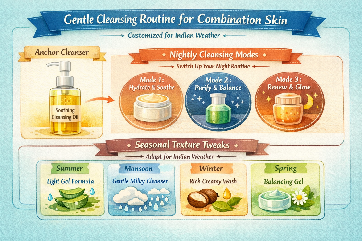 Infographic showing a gentle cleansing routine for combination skin with three night modes and seasonal texture tweaks for Indian weather.