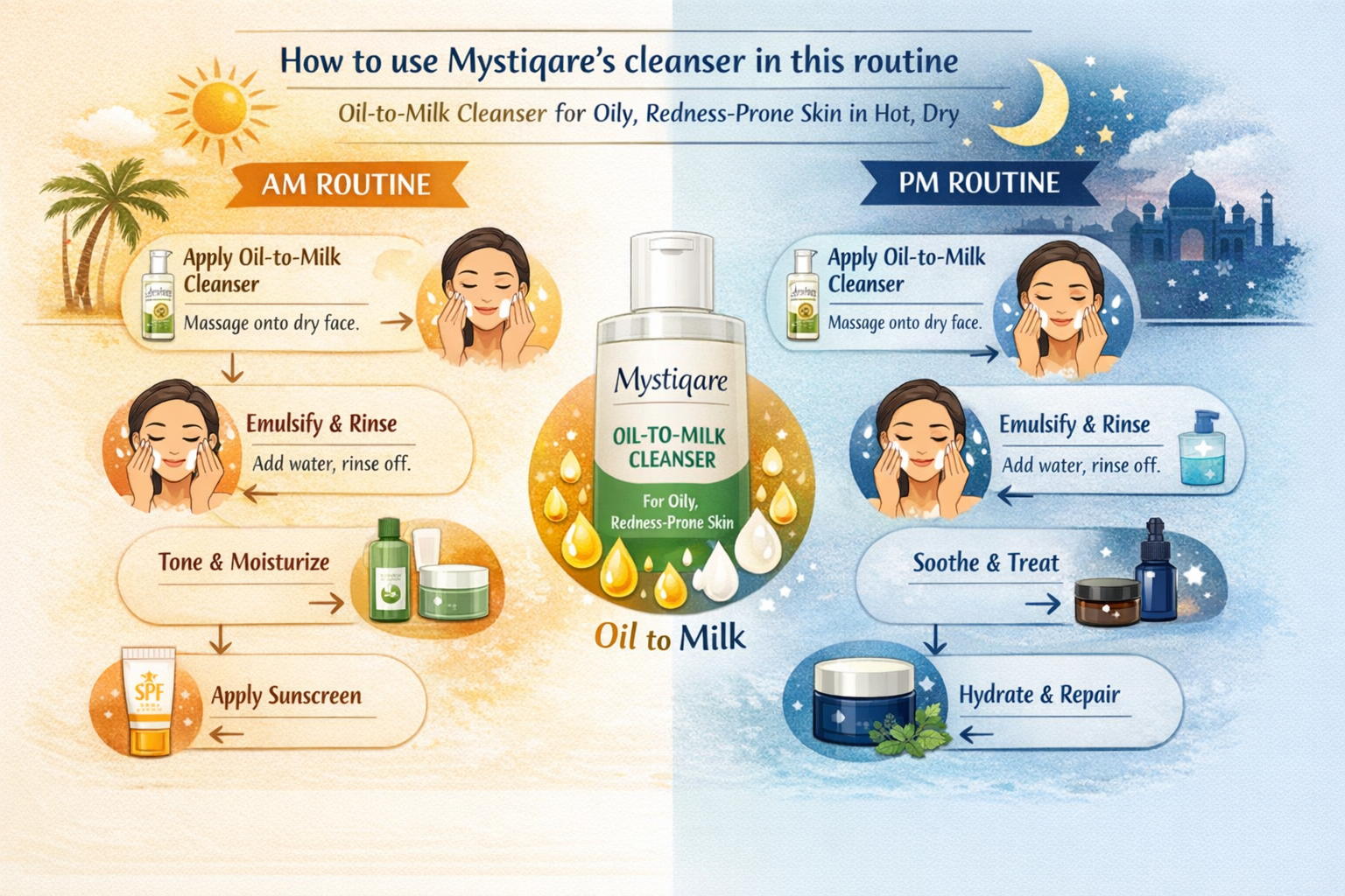 Infographic showing an AM and PM routine using an oil-to-milk cleansing oil for oily, redness-prone skin in hot, dry Indian weather.