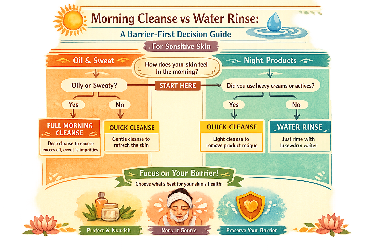 Infographic decision tree guiding sensitive-skin users to choose between full morning cleanse, quick cleanse, or water rinse based on oil, sweat, and products used overnight.