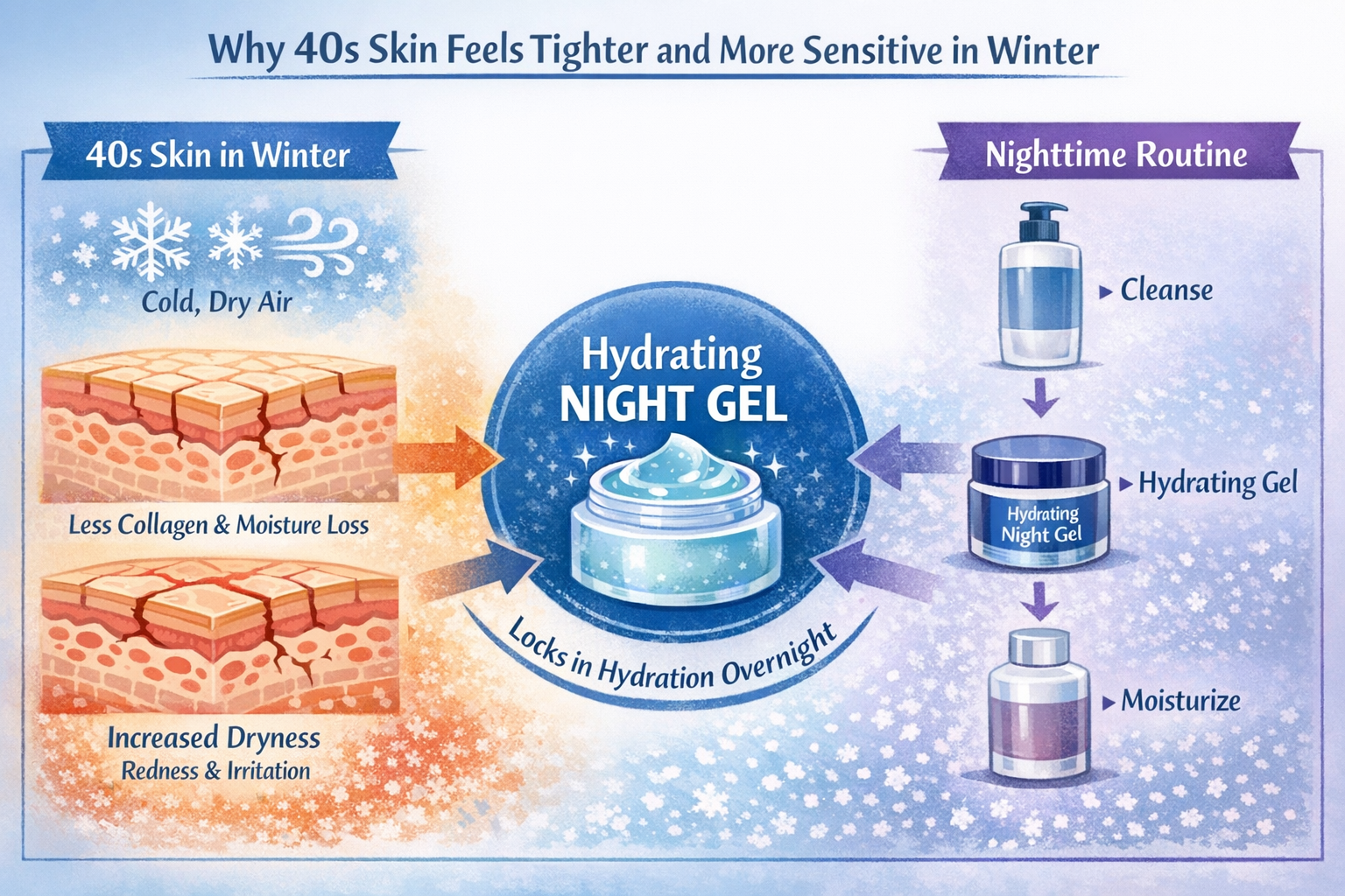 Infographic diagram showing how 40s skin barrier gets drier in winter and where a hydrating night gel sits in the nighttime routine.