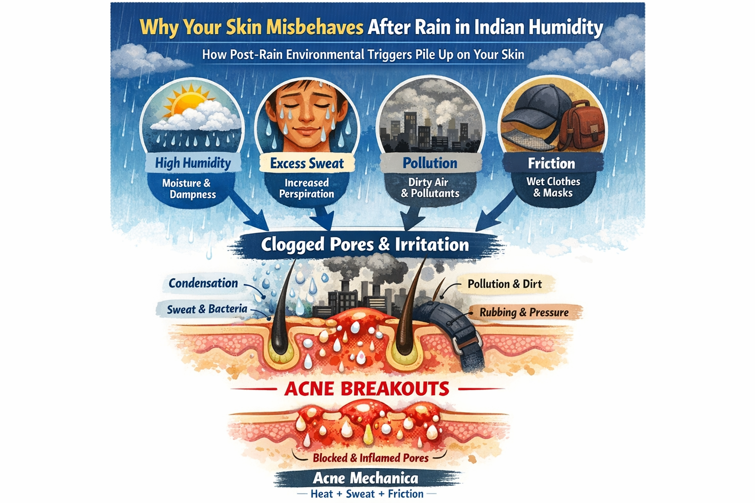 Infographic showing how humidity, sweat, pollution and friction combine after rain to clog pores and cause breakouts on Indian skin.