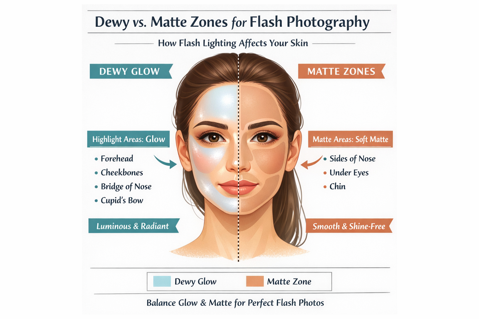 Infographic of a face showing light-mapping zones for dewy vs micro-matte finish under flash photography.