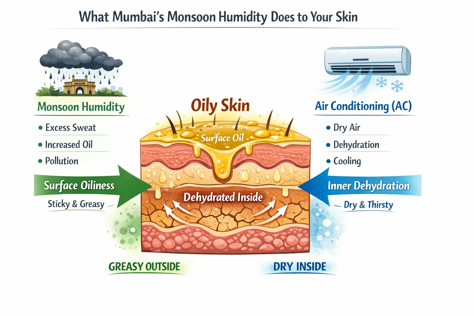 Infographic showing how Mumbai monsoon humidity, sweat, AC and pollution affect skin hydration and oiliness