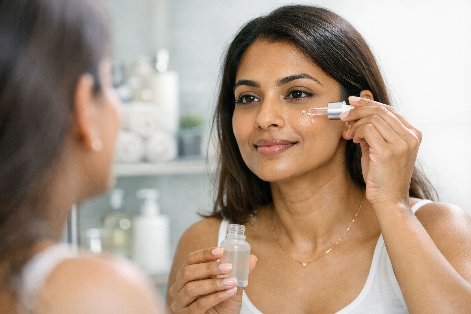 Indian woman applying face serum while looking into a bathroom mirror