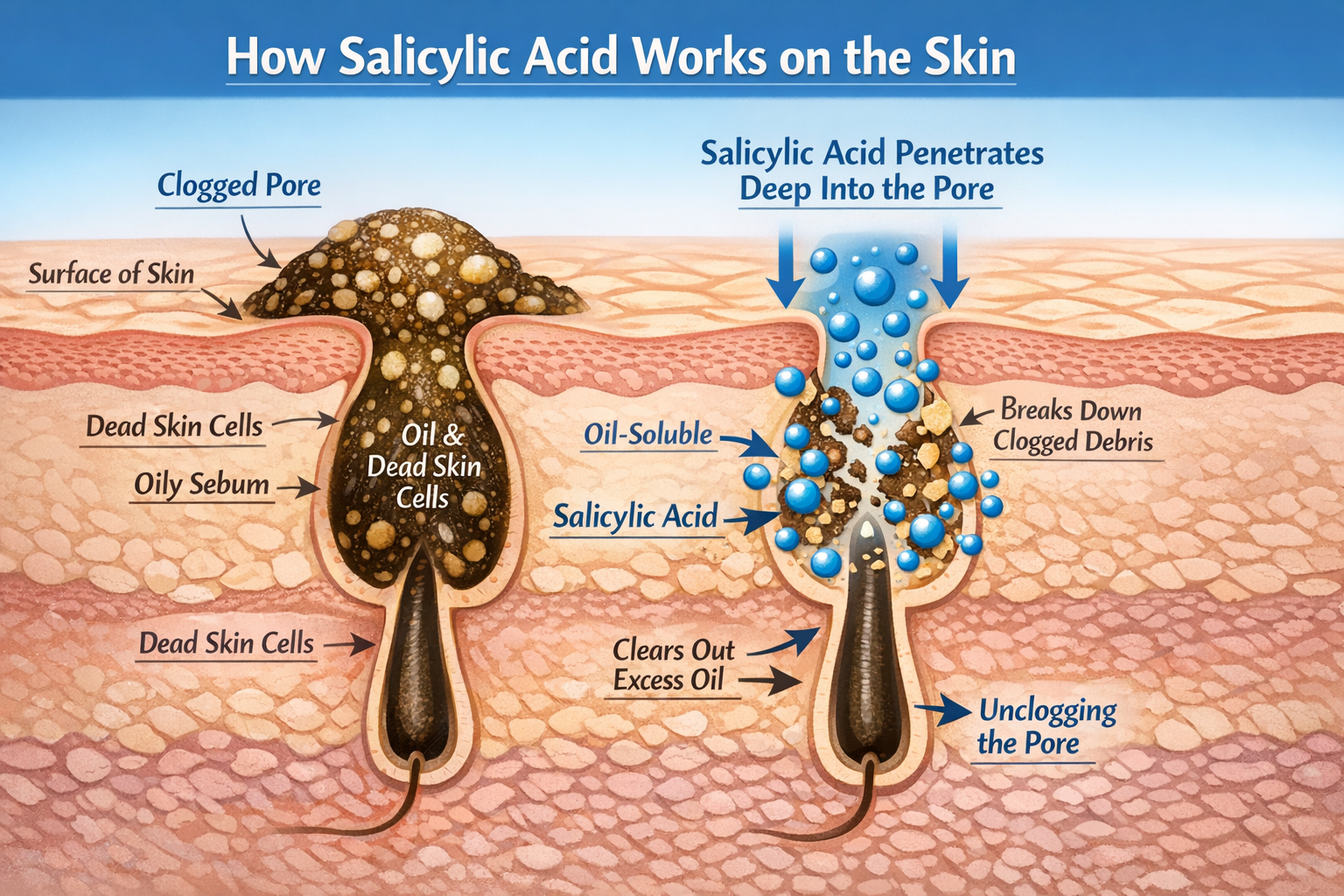 Illustration showing salicylic acid penetrating into a clogged pore