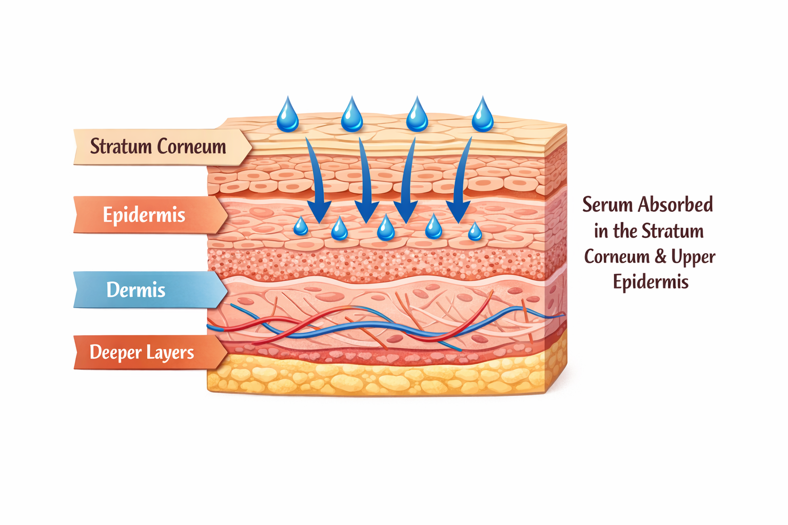 Simple cross-section diagram of facial skin layers with arrows showing serum staying in upper layers.