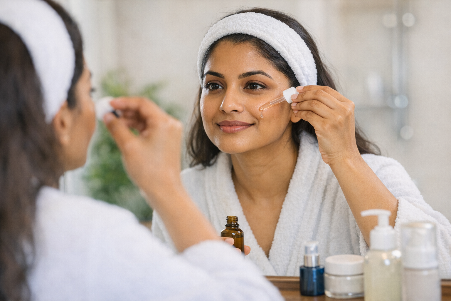 Indian woman in her bathroom applying face serum in front of a mirror as part of a simple routine.