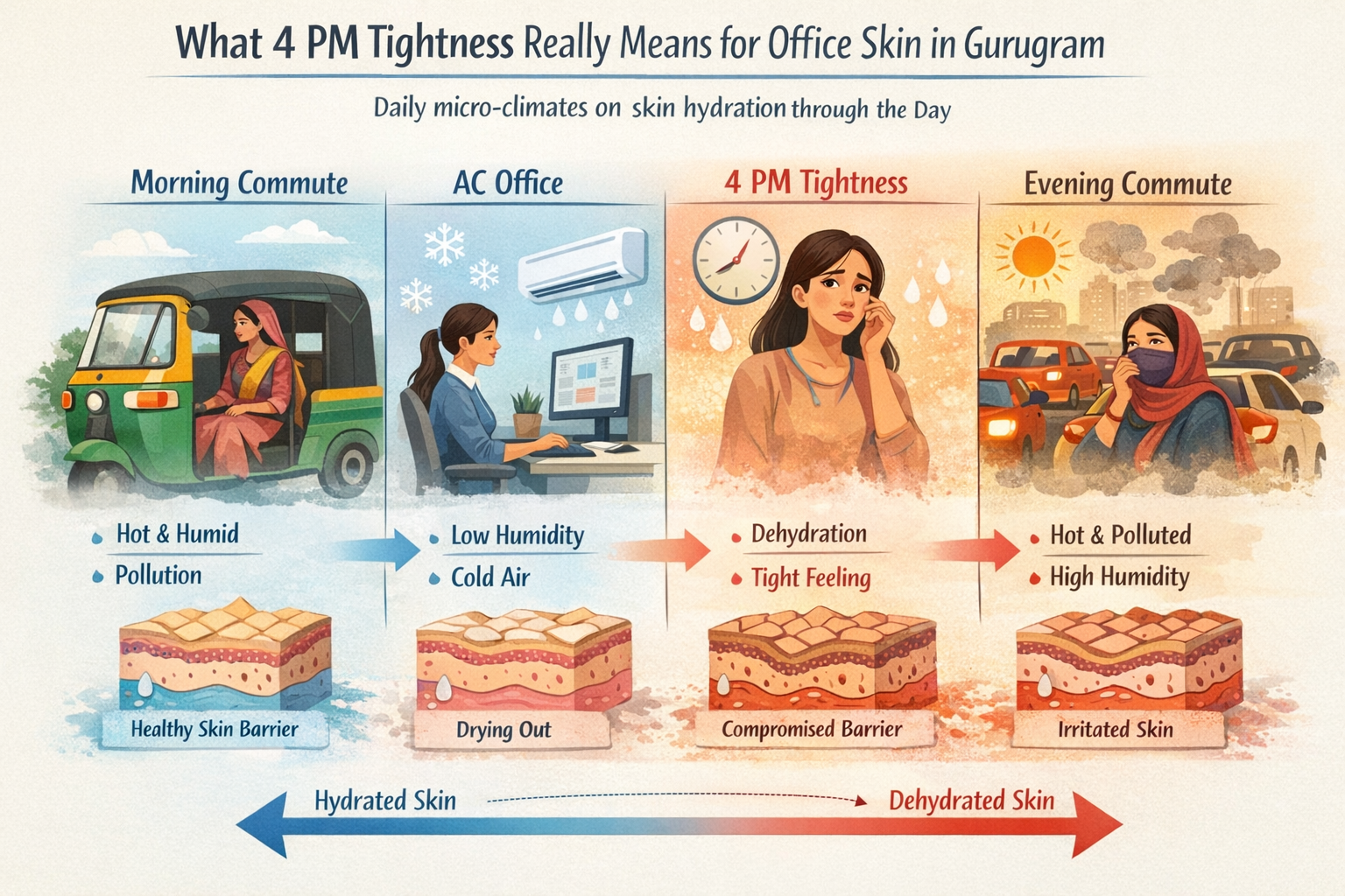 Infographic showing a day in Gurugram: morning commute, AC office, 4 PM tightness, and hot polluted evening commute with notes on humidity and skin barrier.